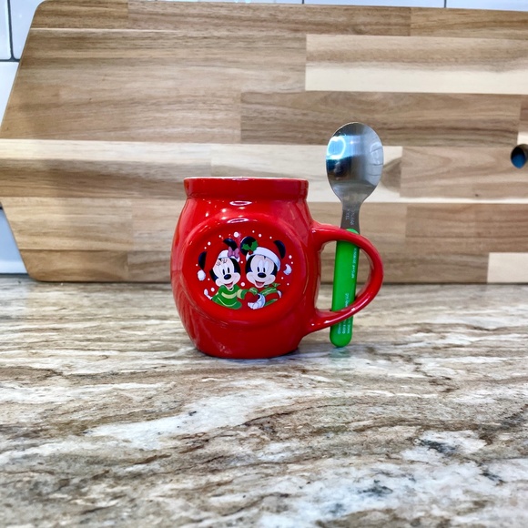Disney Mickey & Minnie Mouse Red Christmas Mug Coffee Tea Cocoa & Green Spoon - Picture 2 of 11